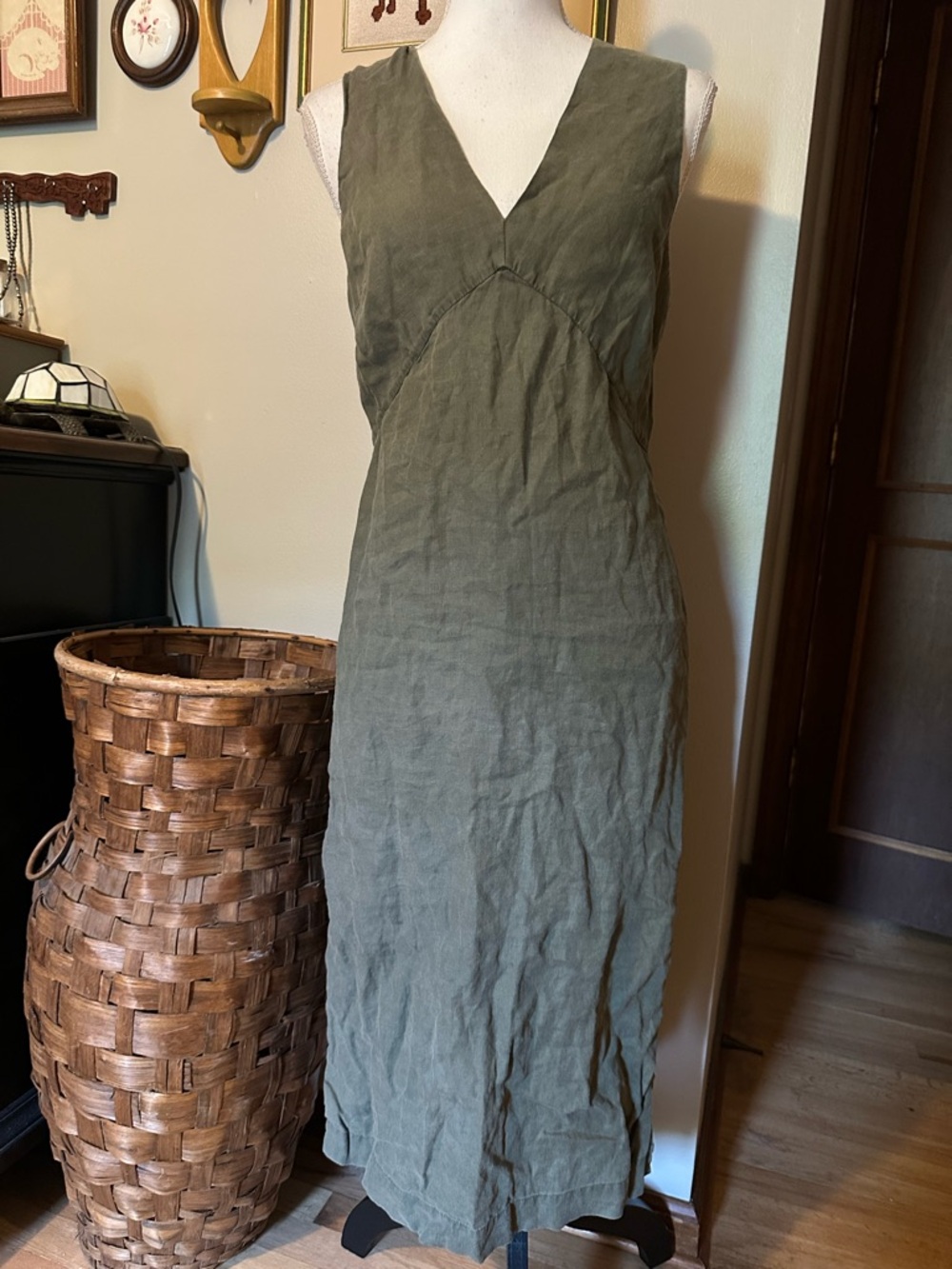 Micheal Stars Hilary green flax linen midi dress with side slits